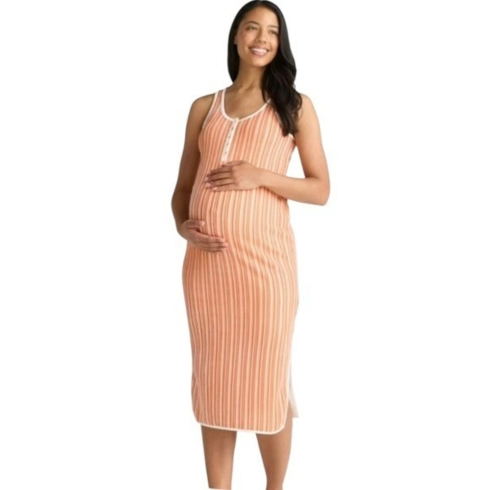 Time and Tru Maternity‎ Henley Tank Ribbed Maxi Dress Medium Coral Stripe New